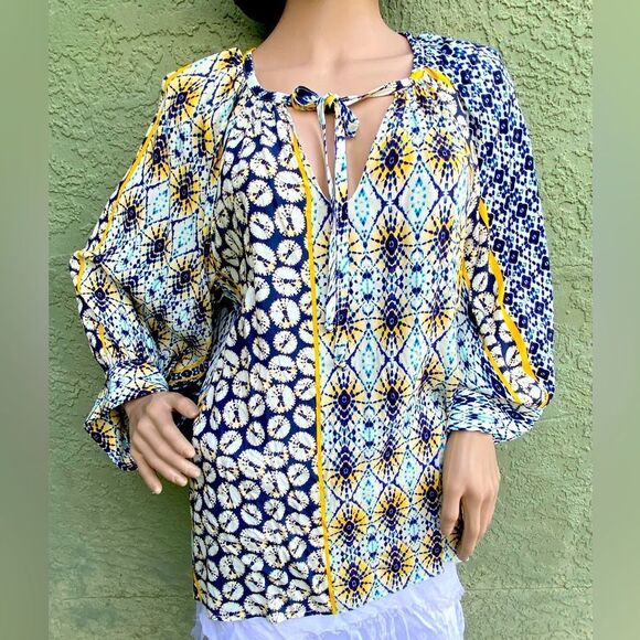 Karen Kane Tops - NWT KAREN KANE Blue/Yellow/White Riviera Boho Peasant 100% Cotton Top Large